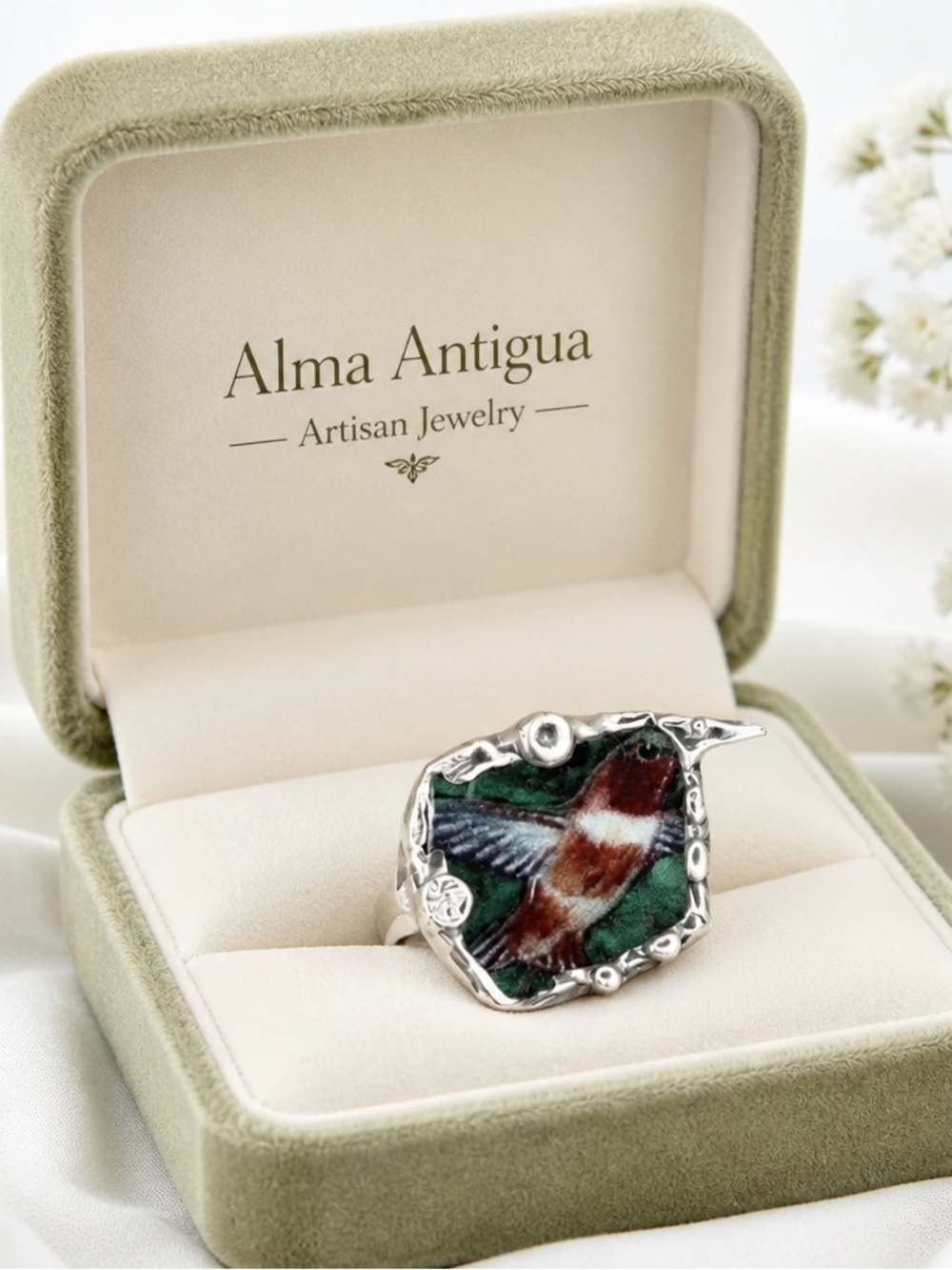 Lena Liu Hummingbird Broken China Ring - Silver Blend Boho Metalwork Size 8 | Al